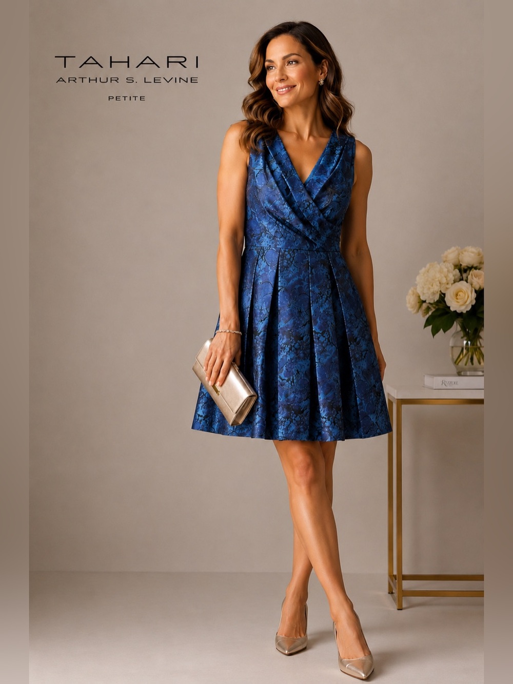 Tahari Arthur S. Levine Petite 14P Blue Floral Jacquard Cocktail Dress Wedding